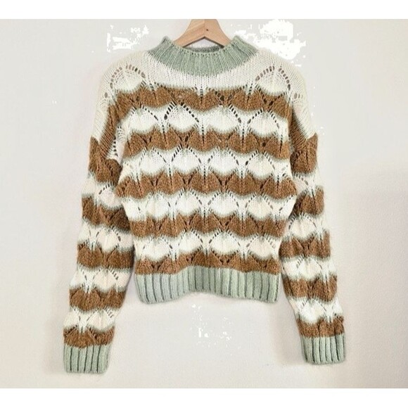 Zara Striped Pointelle Knit Alpaca Wool Blend Sweater Women’s S/M Ivory Tan Sage - Picture 4 of 7